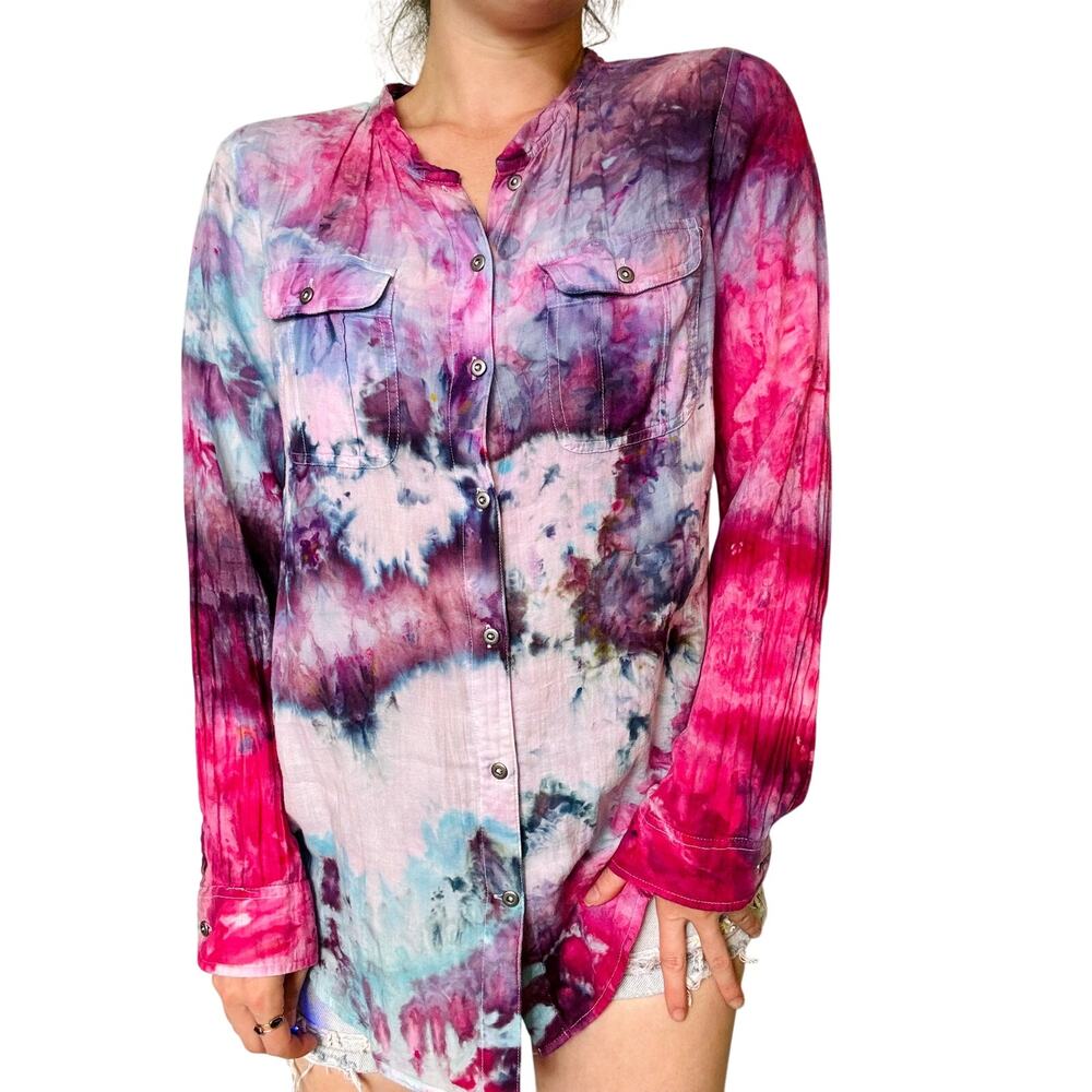Ice Dyed Pink & Purple Cotton Button Up Blouse Long Sleeve